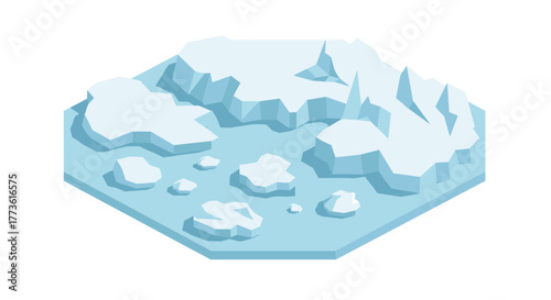 Isometric arctic iceberg landscape featuring floating ice chunks on hexagonal base