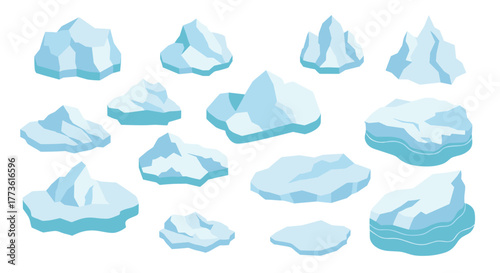 Collection of isometric icebergs in various shapes on white background