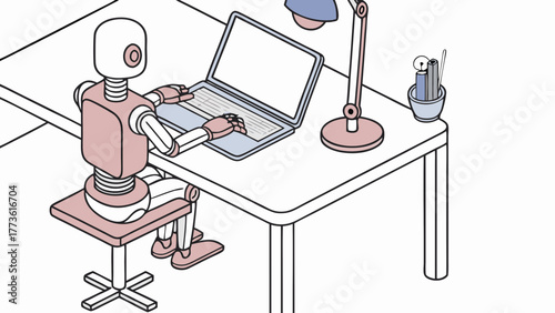 A stylized robot works diligently on a laptop at a desk with a lamp and office supplies
