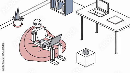 Friendly robot relaxing on a beanbag chair while working on a laptop in a modern office setting