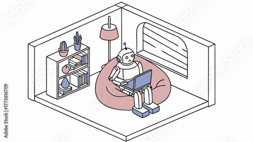 Cute robot relaxing on a beanbag chair while working on a laptop in a cozy isometric room