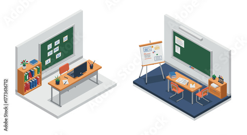 Isometric classroom setup with desks, chairs, chalkboards, and bookshelves in educational environment