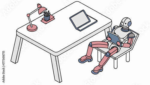 A friendly robot sits at a desk holding a tablet and appearing to work or study