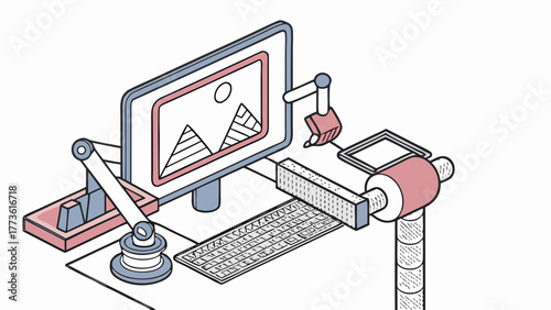 Futuristic isometric workspace with robotic arms and advanced computer setup