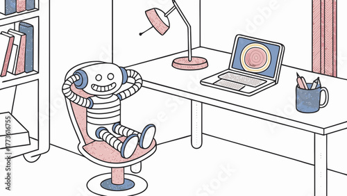 A cheerful cartoon robot relaxes in an office chair at a desk with a laptop and bookshelf