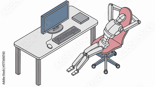 Robot relaxing in an office chair at a desk with a computer symbolizing downtime or automation