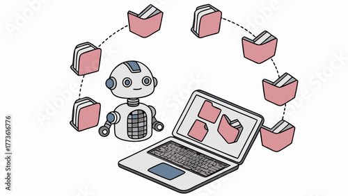 Friendly robot organizing digital files around a laptop and data folders in a connected network