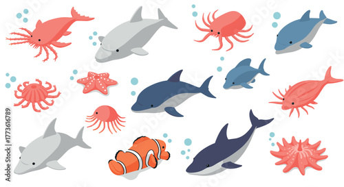 Colorful marine life collection: dolphins, crabs, and sea creatures in flat design