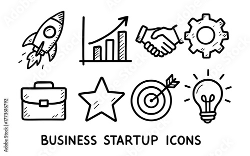 Hand drawn business startup icons: growth, innovation, success