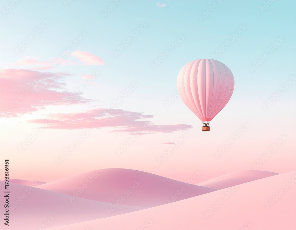 Fototapeta premium A Minimalist Hot Air Balloon Over a Pastel Pink and Blue Sky Landscape