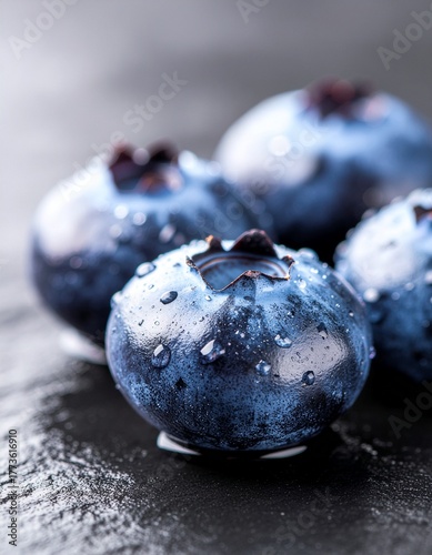 Close-up: Organic Blueberries with Water Droplets on a Dark Surface