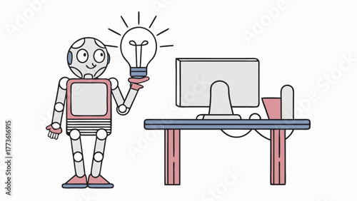 Robot holding a bright idea lightbulb next to a computer desk symbolizing innovation and technology