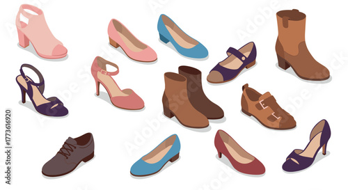 Collection of various stylish isometric women's shoes in different colors and styles