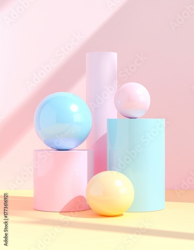 Abstract Geometric 3D Shapes in Pastel Pink, Blue, and Yellow Tones