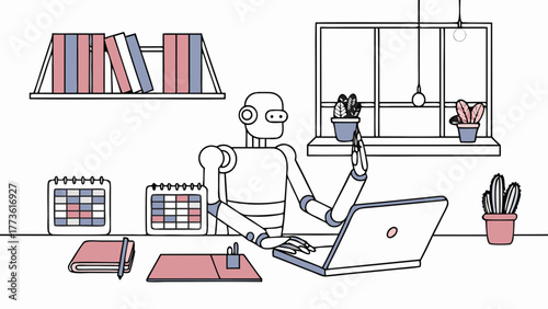 A friendly robot works diligently at a desk with a laptop calendars and books symbolizing productivity and modern office life