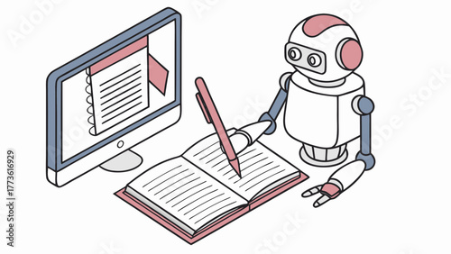 A friendly robot diligently taking notes in a book while a computer displays educational content