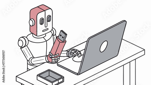 A friendly robot inserts a usb drive into a laptop on a desk symbolizing data transfer and technology