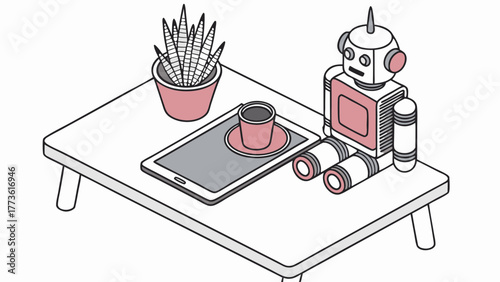 Quirky robot companion enjoys a coffee break with a tablet and plant on a white table