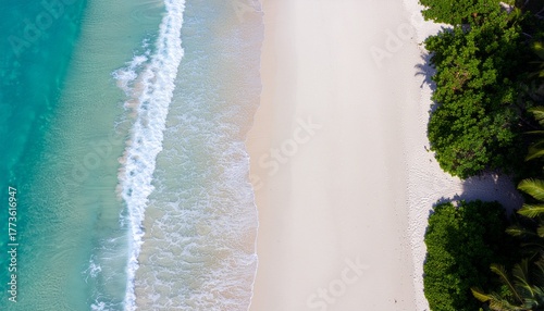 Aerial View of a Tropical Sandy Beach with Turquoise Ocean Waves