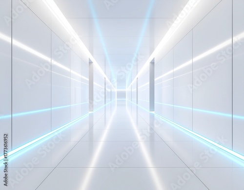Sci-Fi Interior: Sleek White Corridor with Glowing Blue Light Strip