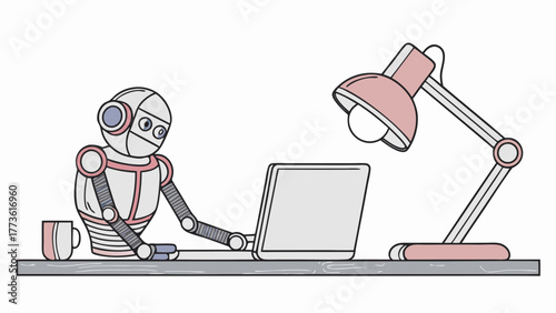 A friendly robot works diligently on a laptop at a desk with a cup and a desk lamp