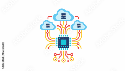 A concept of highperformance computing in the cloud depicted with a powerful CPU icon and lightningfast data access illustrations.