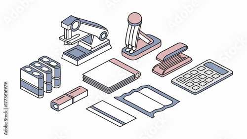 A collection of isometric stationery items including a stapler hole punch calculator notebook and eraser