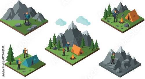 Outdoor adventure: isometric camping and hiking scenes in nature