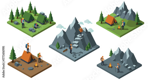 Isometric mountain adventure scenes with camping, hiking, and climbing elements