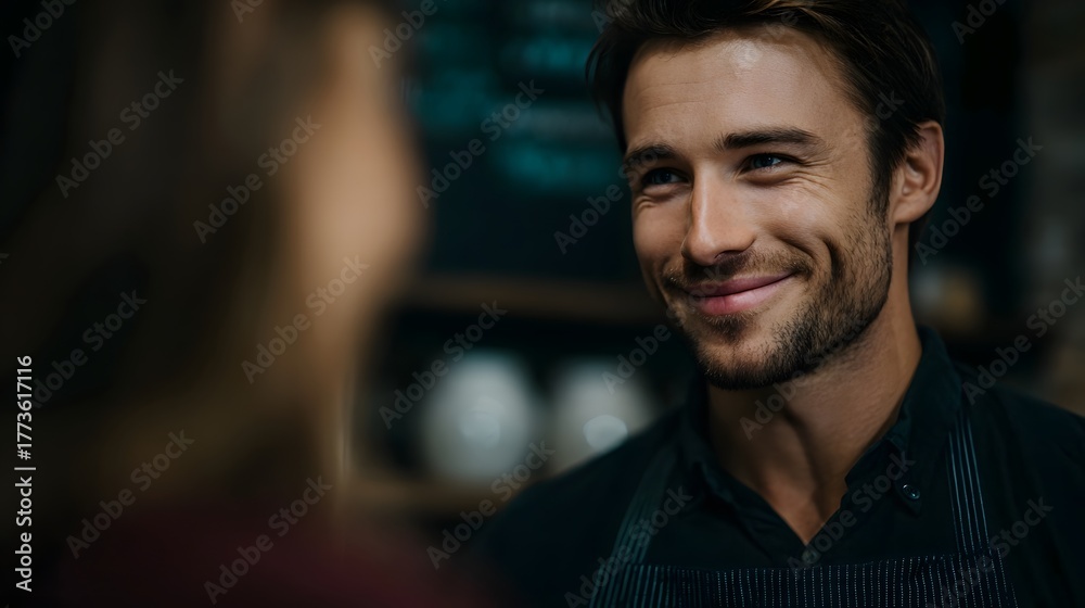 Obraz premium A smiling barista in an apron interacts warmly with a customer in a coffee shop