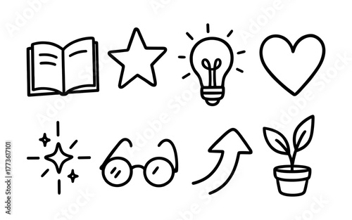 Minimalist icons: book, star, light bulb, heart, sparkle, glasses, arrow, plant