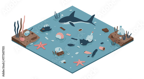 Ocean pollution isometric design featuring marine life and plastic waste