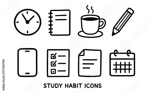 Essential study habit icons: time management, note taking, coffee, and more in outline style