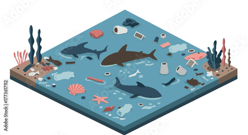 Isometric ocean pollution with sharks and marine debris in a 3d environment
