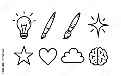 Creative icons: light bulb, paintbrush, shapes for innovative design concepts