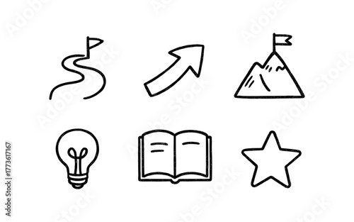 Hand drawn icons: path, arrow, mountain, lightbulb, book, star