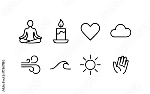 Minimalist wellness icons set featuring meditation, nature, and relaxation symbols