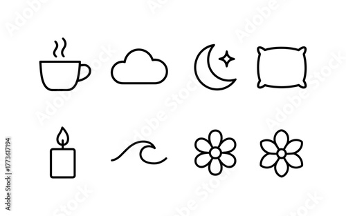 Minimalist icons of cozy elements: coffee, relaxation, and nature in simple line art