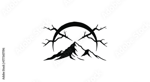 Mysterious crescent moon over silhouetted mountains and bare trees