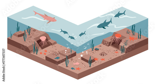 Underwater marine life isometric scene with sharks and coral reefs