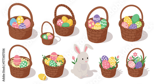 Colorful easter baskets and bunny in isometric style