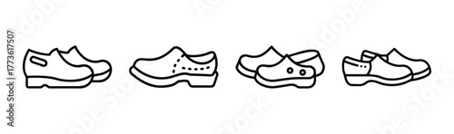 Collection of four hand-drawn clogs and shoes in a line artistic style