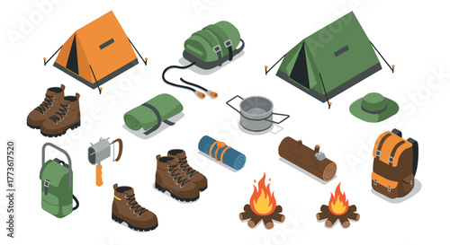 Isometric camping gear set with tents, backpacks, and outdoor essentials for adventures