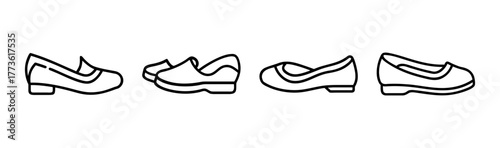 Collection of four flat shoe styles line drawings for fashion design and footwear concepts