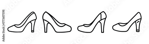 Collection of elegant high heel shoes in various poses and angles simple line drawings