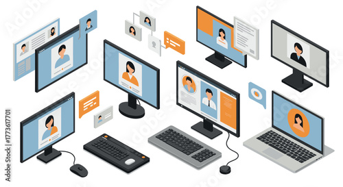 Isometric digital workspace with computers and communication elements