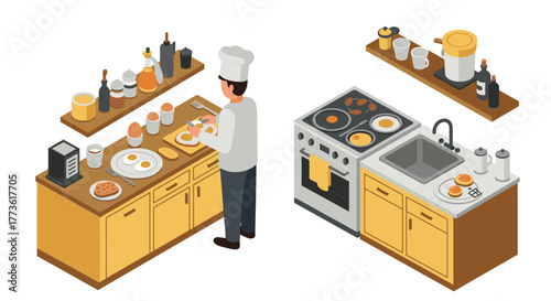 Isometric chef preparing breakfast in modern kitchen scene