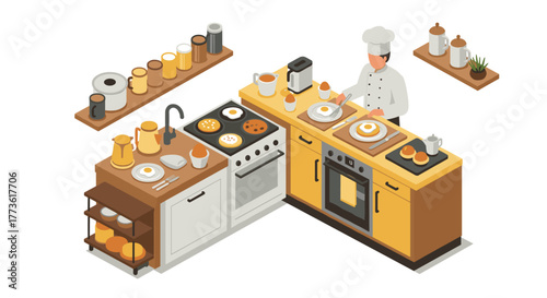 Isometric kitchen scene with chef preparing meals and baking