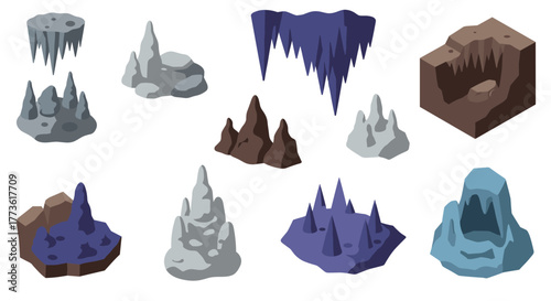 Stylized cave formations and rock structures in 3d isometric design