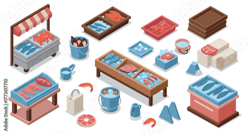 Isometric seafood market display with various fish and shellfish items